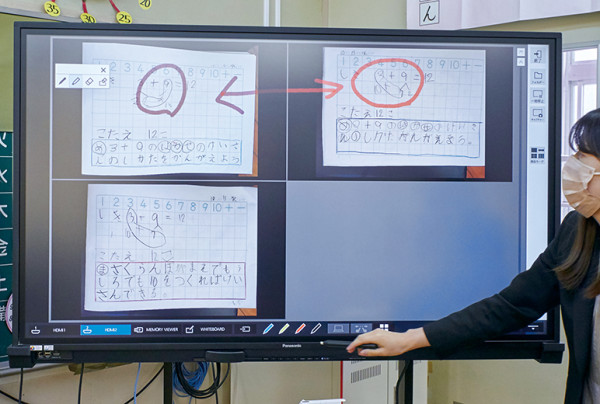 写真：最大9画面の多画面比較機能で児童ごとの考え方や解き方が比較できる