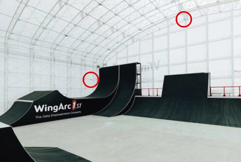 写真:WingPark1st内部の様子。セクションの上方、天井近くとRの中腹付近をとらえられるように設置された天井と壁にあるネットワークカメラ。