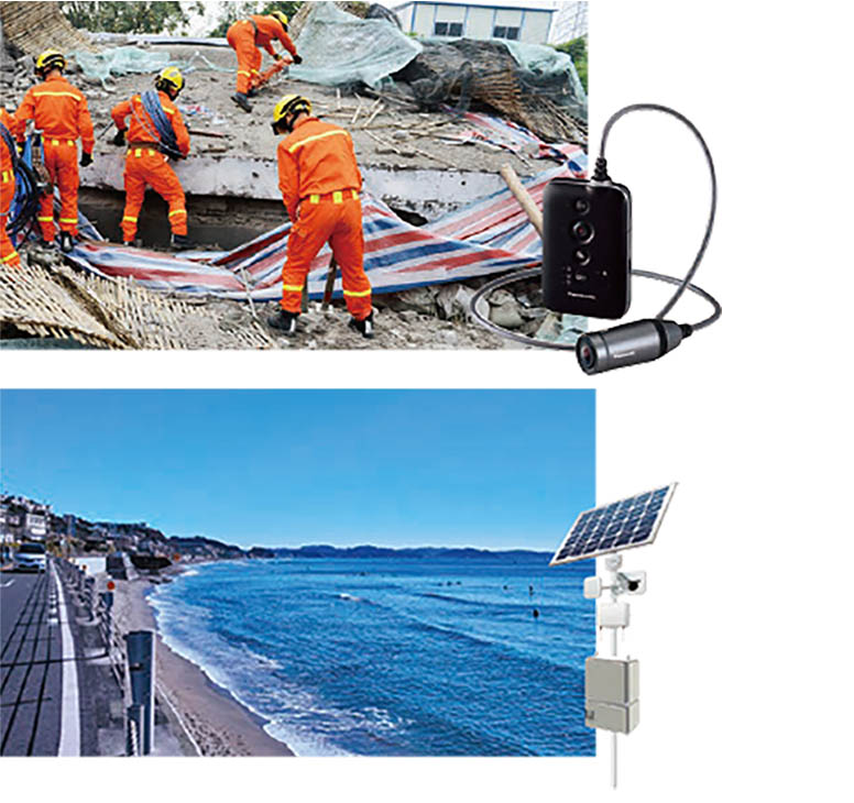 画像:監視カメラと自立型電源・通信機能を備えた創蓄連携型通信システムや、災害現場に到着した救助復旧隊員が装着したウェアラブルカメラ