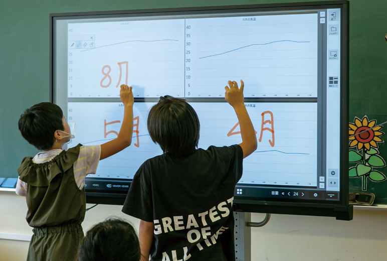 写真:モニターに書き込む生徒