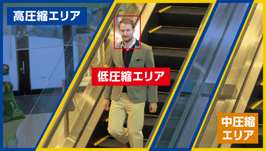 「顔」部分のみを高解像度エリアに、その他の部分を低解像度エリア、中解像度エリアに分割