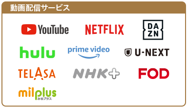 動画配信サービス(YouTube,NETFLIX,DAZN,hulu,prime video,U-NEXT,TELASA,milplus)