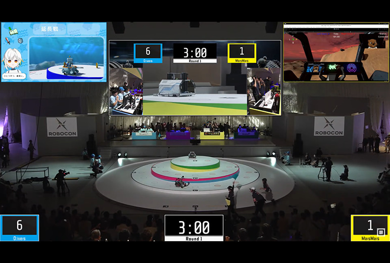 写真：会場内の俯瞰映像にリアル対戦映像とバーチャル映像を合成して配信