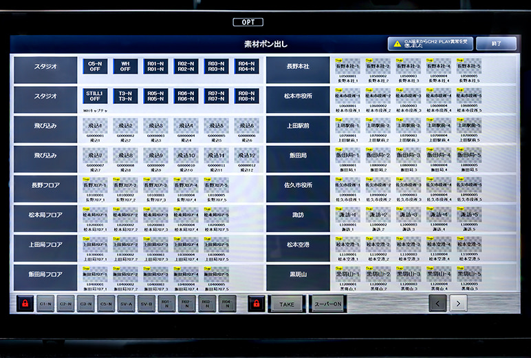 写真：OTCの素材ポン出し画面。 各拠点の情報カメラ映像の他、スタジオカメラや飛び込み用ボタ ンも表示され、 ワンマンオペレートでのスムーズな送出をサポートする