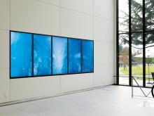 写真:80型の大画面、700 cd/㎡の高輝度を誇るTH-80LF50Jを5面マルチ設置。大開口のガラス張りの吹き抜け空間でも鮮明な映像を表示。造形デザイン学科の作品発表の場や保護者との撮影ポイントになっている